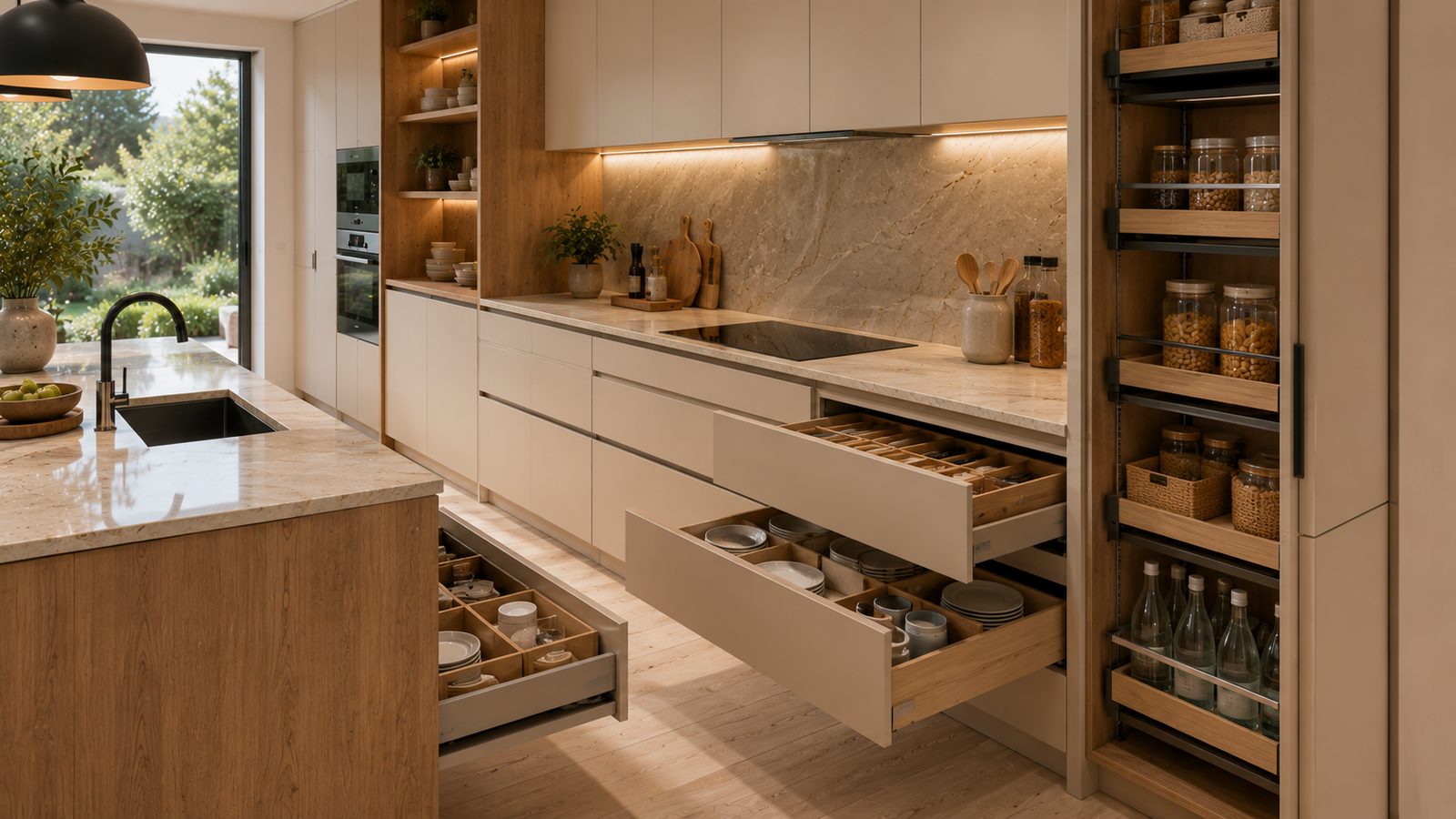 Cocina de madera y piedra natural con isla central y diseño cálido