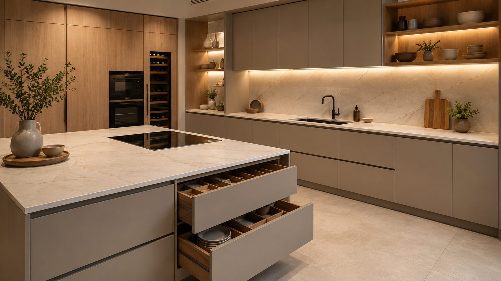 Muebles de cocina a medida con frentes mate, madera clara y encimera porcelánica