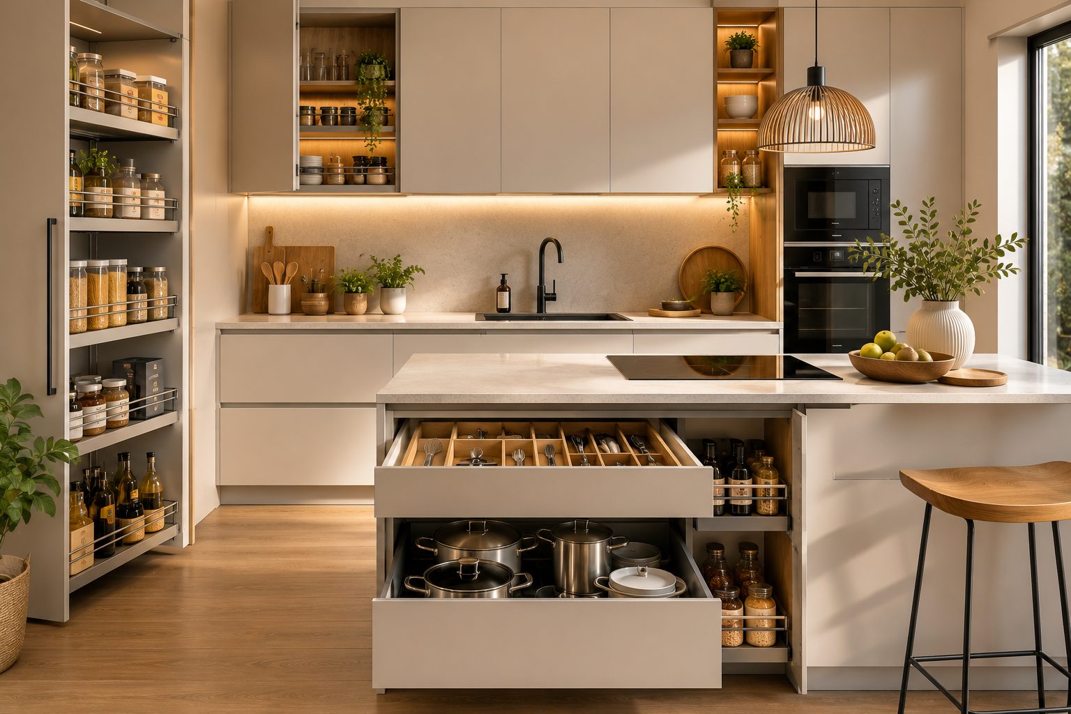 Organizar cocina a medida con cajones interiores y despensa ordenada